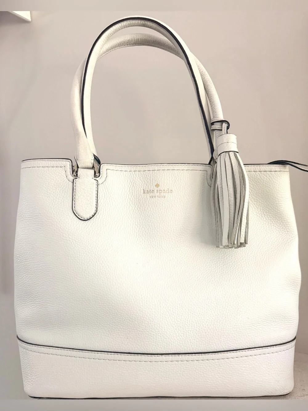 KATE SPADE New York White Pebbled Leather Tassel Tote Bag